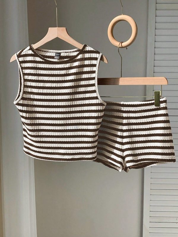Brown-Beige Striped 2 Pieces Casual Set, Minimalist & Fashionable, Suitable For Summer