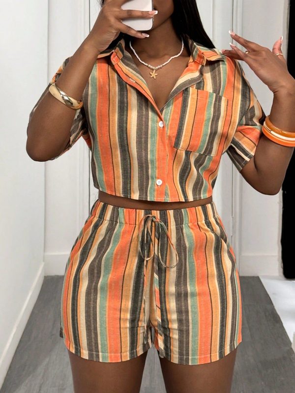 Spring And Summer New Casual Vacation Shirt Collar Open Placket Short-Sleeved Cropped Top + Fitted Shorts Colorful Striped Women's Two Pieces Set, Summer Sets