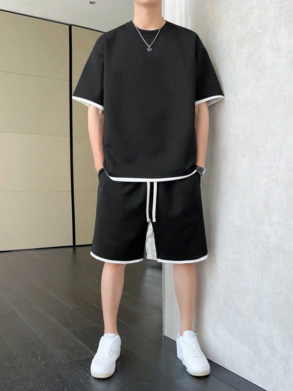 Men's Contrast Color Loose Fit Round Neck Drop Shoulder Short Sleeve T-Shirt And Drawstring Waist Shorts Set, Summer