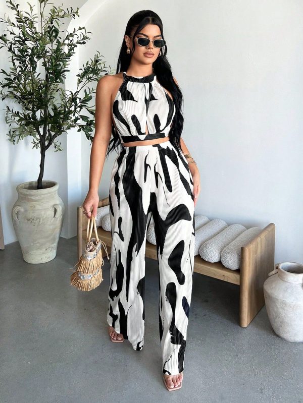 2 PCS Women Vacation Sexy Contrast Color Print Backless Halter Top With Long Pants Set,Vacation Two Piece Set,Two Piece Summer Set,Cruise Outfits Women,Sexy,Outgoing