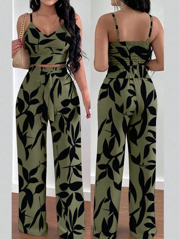 2pcs/Set Floral Pattern Women Wide-Leg Pants And Elastic Waist Camisole Top