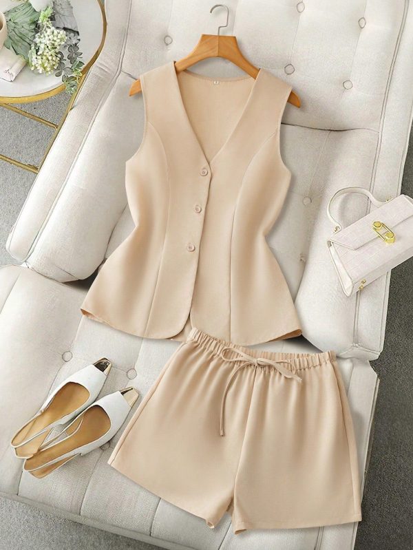 Women Summer Outfit Elegant Casual Sleeveless Top And Shorts Set, Suitable For School Season