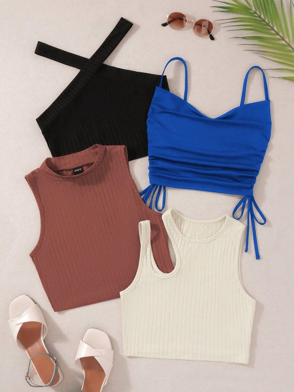 4Pcs Solid Drawstring Side Tank Top Beach Tops Going Out, Going Out Top