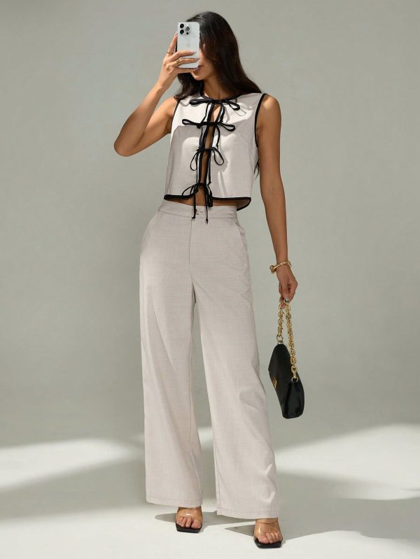 2pcs/Set Women Contrast Binding Knotted Sleeveless Top And Pocket Decorated Long Pants,Business Casual Woman,Summer Sets