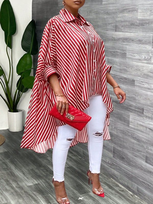 Plus Size Elegant Red & White Striped Cardigan With Batwing Sleeves And Hi-Low Hem, Autumn & Winter