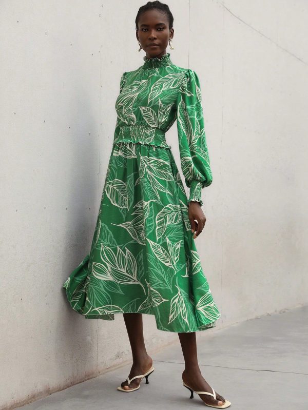 Leaf Print High Neck, Cuffs & Waist Shirred Flare Hem Elegant Long Dress For Date, Valentine's Day Or Holiday