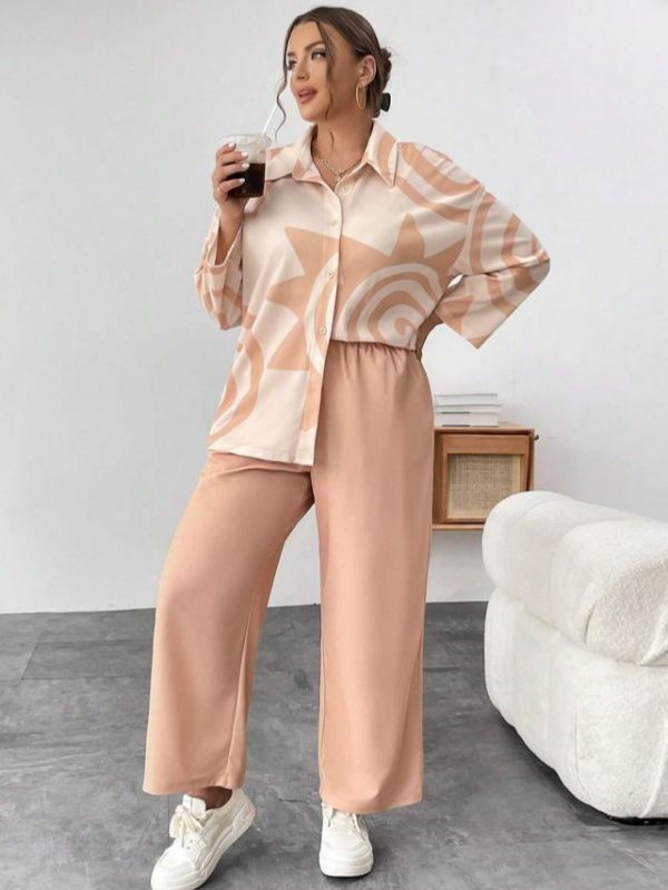 SHEIN Essnce Women's Plus Size Drop Shoulder Shirt And Pants Set