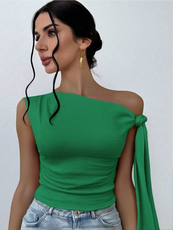 Women's Spring Elegant Romantic Fashion Commuting Sexy Elegant Style, Suitable For Party, Vacation, Romantic Date And Wedding Birthday Knit Texture Asymmetrical Neck Spaghetti Strap Slim Beige T-Shirt