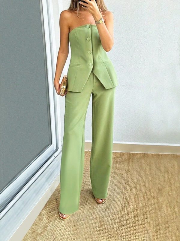 Women 2 Pieces Set Solid Bandeau Tank Top + Casual Elegant Wide Leg Pants For Spring And Summer