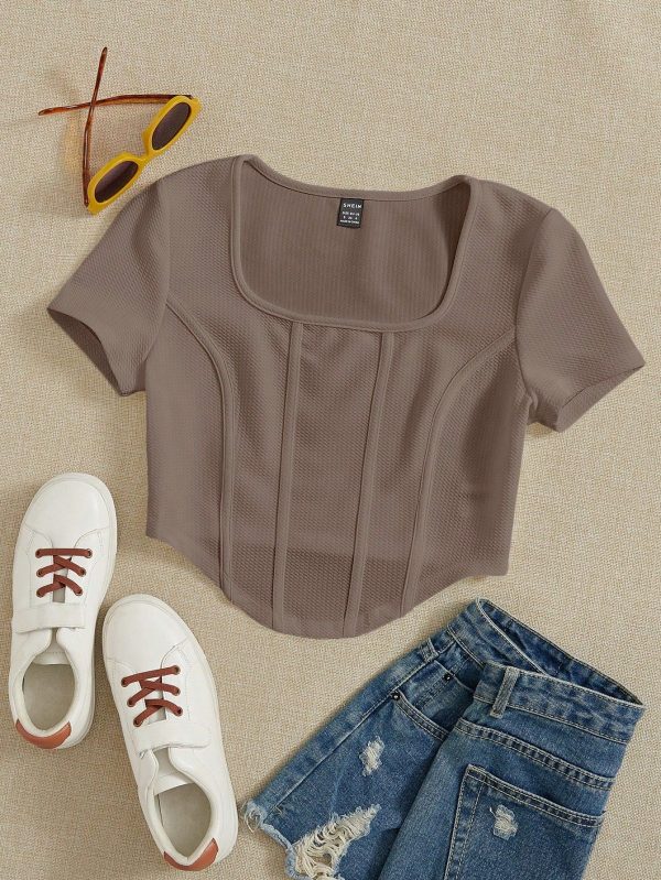 Square Neck Seam Detail Asymmetrical Hem Tee