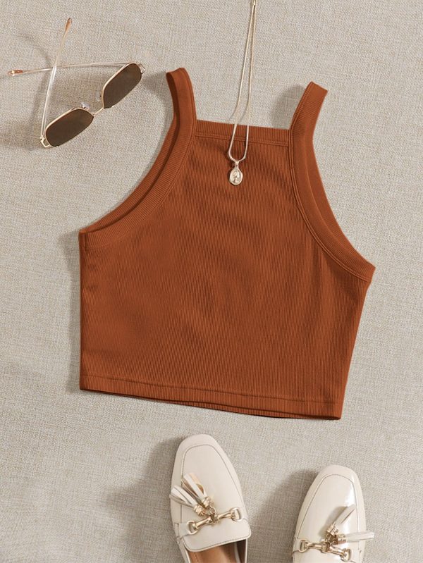 Rib-Knit Crop Cami With Spaghetti Strap, Suitable For Summer