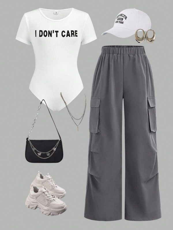 Tween Girl's 2 Pieces Set/Street/Autumn/Winter/White Round Neck Long Sleeve Versatile Casual Daily Slogan Printed Leggings And Gray Overalls/Back To School