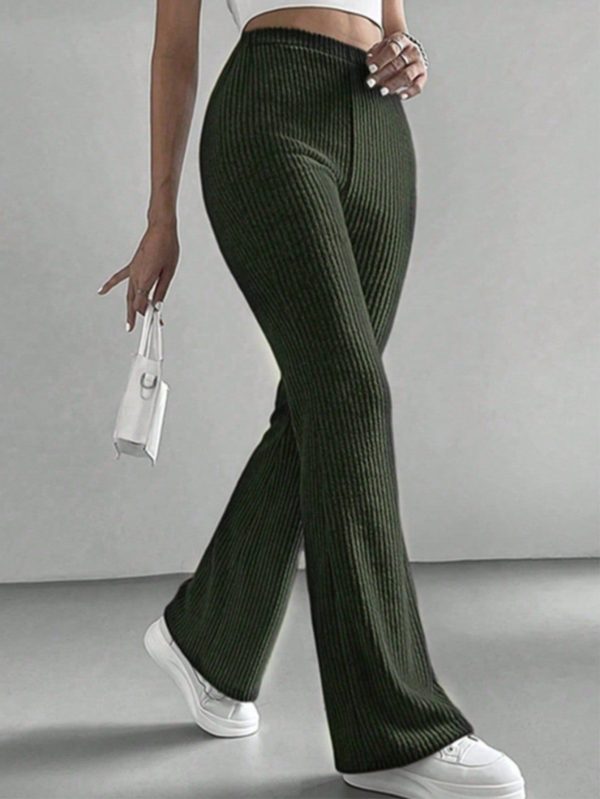 Solid Color Ribbed High Waist Elegant Pants