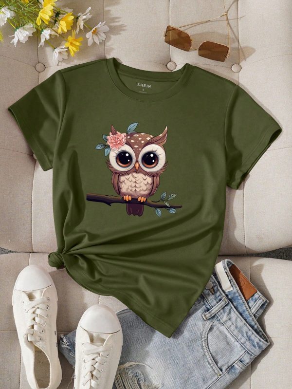 Women's Cartoon Printed Round Neck Short Sleeve T-Shirt Graphic Tees Women Tops
