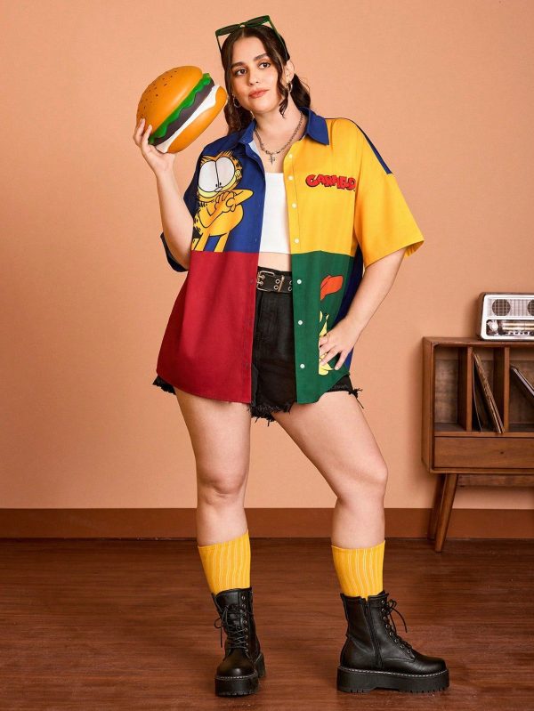Plus Size Casual Cute Cartoon Summer Colorblock Red Blue Cat Dog Print Loose Short Sleeve Shirt