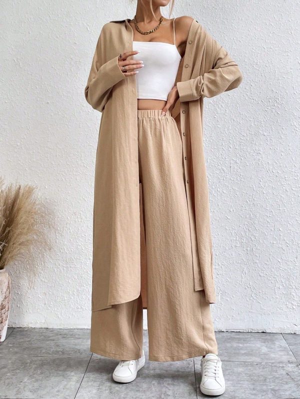 2pcs Casual Solid Color Long Shirt & Pants Set