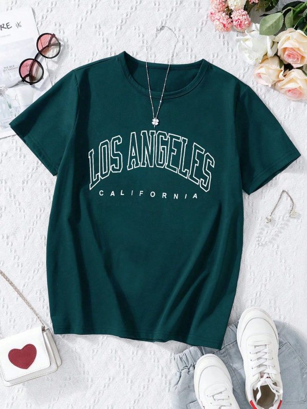 Teen Girls' Simple Graphic Print Round Neck Short Sleeve T-Shirt
