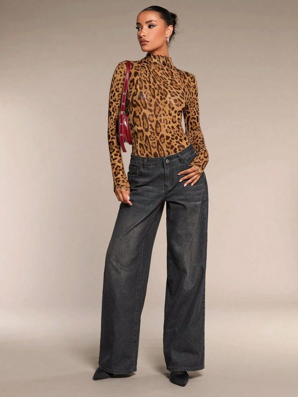 Women's Fall Women Clothes Leopard Print Stand Collar Long Sleeve Slim Bodysuit,Animal Print Top,Leopard Costume