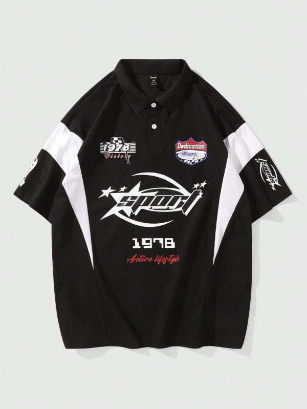 Men's Racing Color Block Letter Print Polo Shirt, Suitable For Daily Wear In Spring And Summer, School