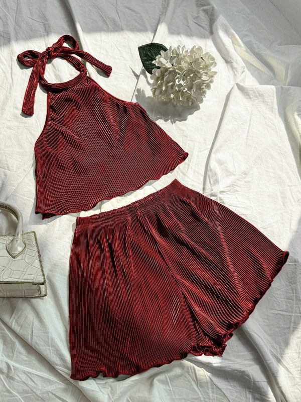 2pcs/Set Women Sexy Backless Halter Crop Top And Shorts, Summer