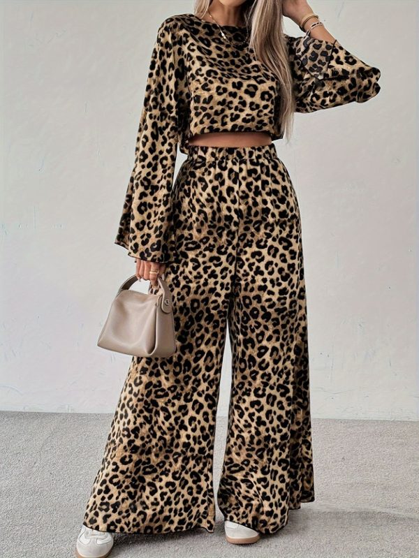 2025 Leopard Print Two-Piece Women's Dress Flat Pants Short Sleeve Shirt and Loose Wide Legs Pants