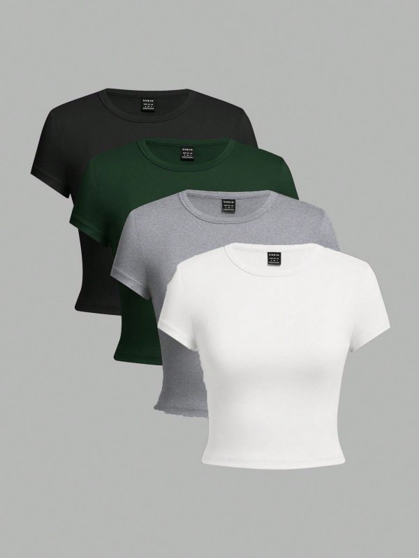 4pcs/Set Women Casual Round Neck Short Sleeve Slim Fit T-Shirts, Suitable For Summer