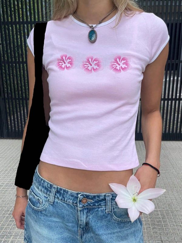 Graphic Crop Tops For Women Y2k Short Sleeve Slim Fit T Shirts Floral/Croissant Round Neck Graphic Prined Baby Tees For Teen Girls Summer Cute Casual Tops Preppy Aesthetic Clothes Streetwear Clubwear