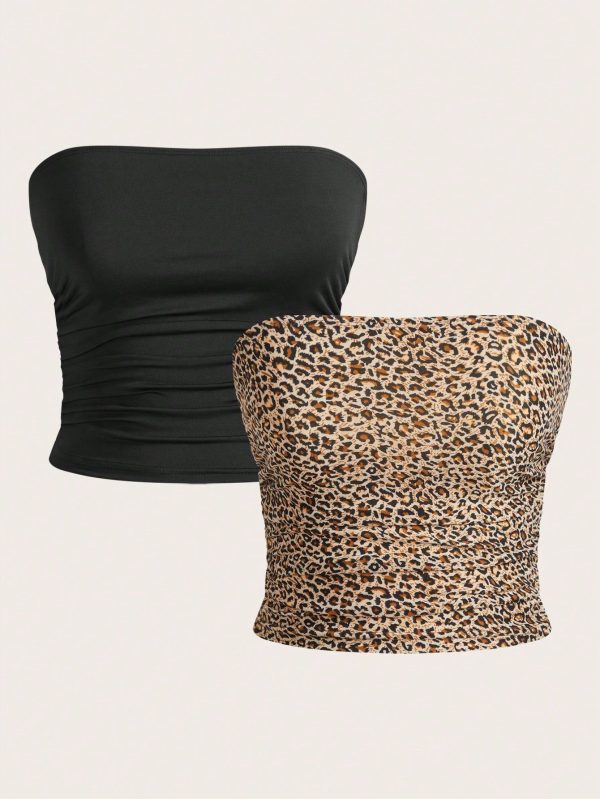 2pcs Women's Minimalist Comfortable Ruched Bandeau Bra Camisole Sets