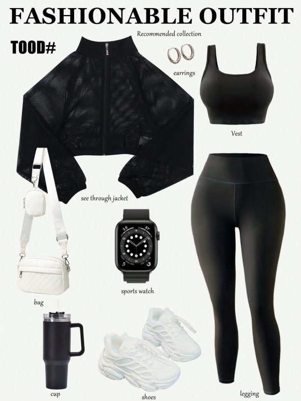 Women's Sporty And Sexy Three-Piece Set Including High-Collar See-Through Jacket, Compression Tank Top, High-Waist Leggings, For Running, Fitness, Outdoor Activities Travel Outfit Set Women Hoodie Set Workout Women Set