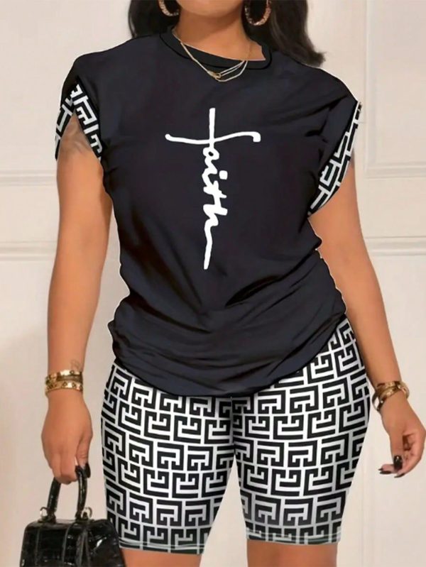European And American Women's Spring/Summer New Fashion Round Neck Printed Shorts Set