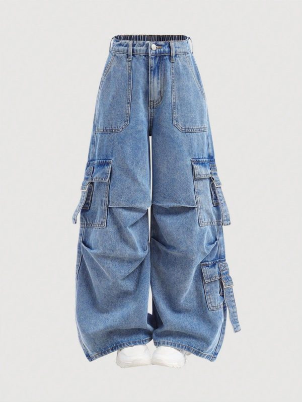 Tween Girl's Y2K Loose Casual Denim Jeans With Pockets, Pleats, And Wide-Legged Design,Girls Casual Button,Pocket,Zipper Drop Waist Wide Leg Long Blue Loose Girls Jeans,Fall/Winter,Casual Daily Wear