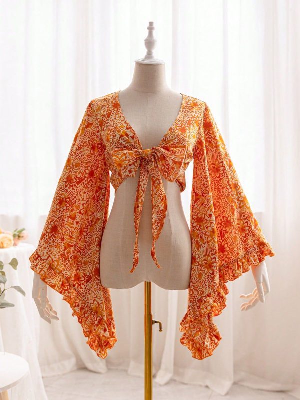 V-Neck Tie Bell Sleeve Floral Printed Blouse