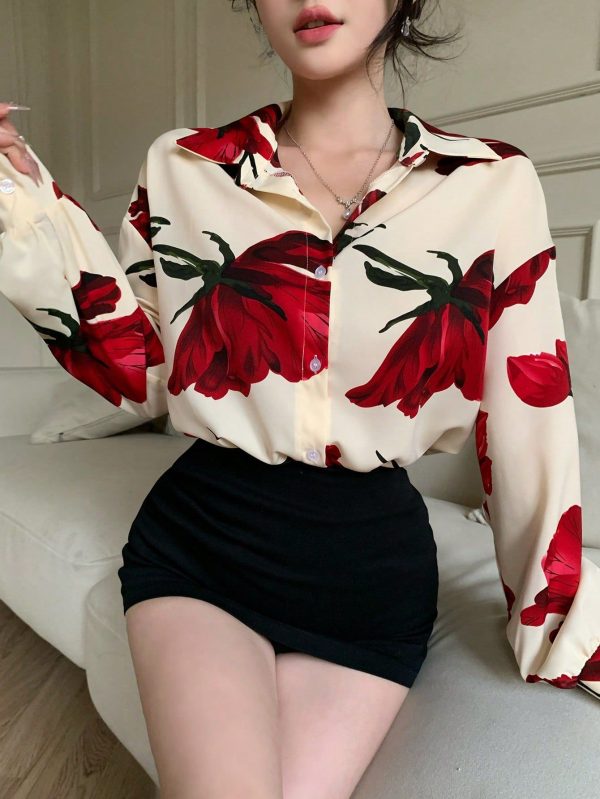 Women Floral Loose Long Sleeve Shirt, Minimalist Fashion Casual For Everyday Wear
