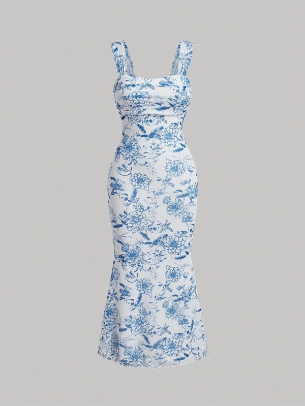 Flower Print High-Low Hem Sleeveless Waist Cinched A-Line Dress