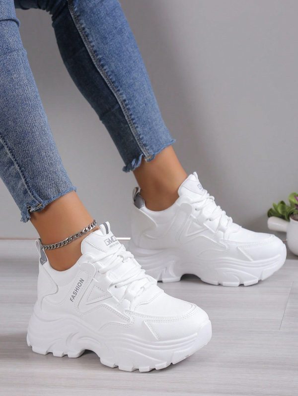 8cm Invisible Height Increasing Platform Chunky Comfortable Casual Sneakers For Short Women, Suitable With Wide-Leg Trousers & Jeans, Leather, Spring And Autumn,Lace-Up White Shoes For Women