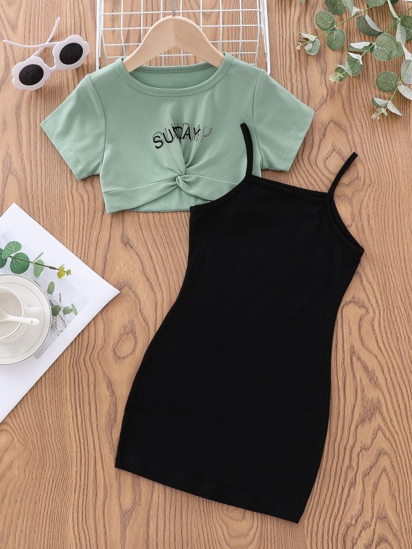 Young Girl Letter Graphic Knot Tee With Cami Dress