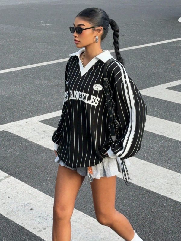 Plus Size Women's Graphic Tees,Jersey Shirt,Cute Tops,Going Out Tops,Plus Size T Shirt, Vertical Stripes Pattern Letter Print Contrast Color Loose Fit Casual Long Sleeve T-Shirt For Plus Size Women