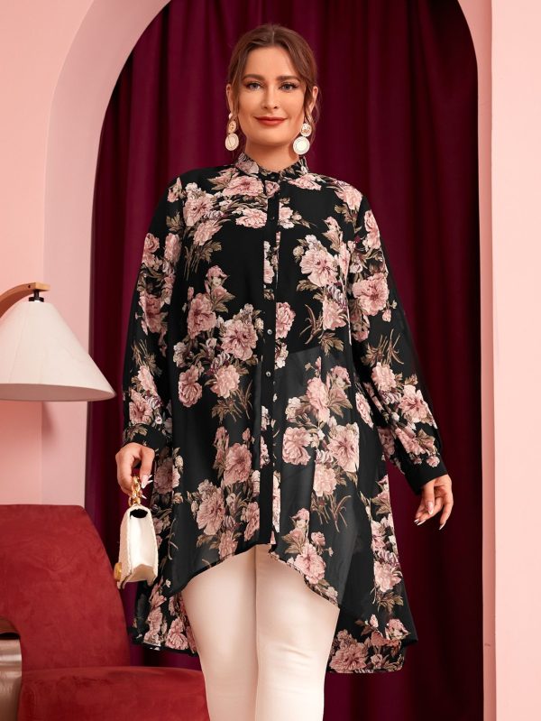 Plus Mock Neck Floral Print High Low Blouse