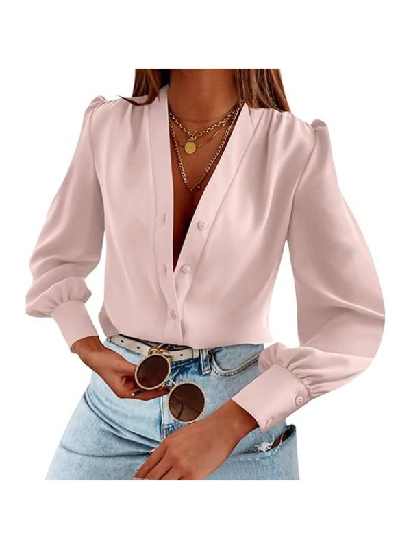 BZB Women's Business Casual Tops Summer Long Sleeve Silk Button Down Shirts V Neck Chiffon Blouses