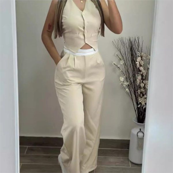 Elegant Two Piece Sets 2024 V-Neck Buttoned Vest Sleeveless Top & High Waist Pocket Straight Pant