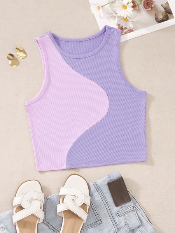 Color Block Ribbed Knit Tank Top Graphic Tees Women Tops