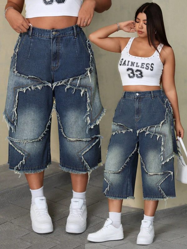 Plus Size Button, Belt Loop, Frayed Edge, Star Pattern Design Boyfriend Jeans