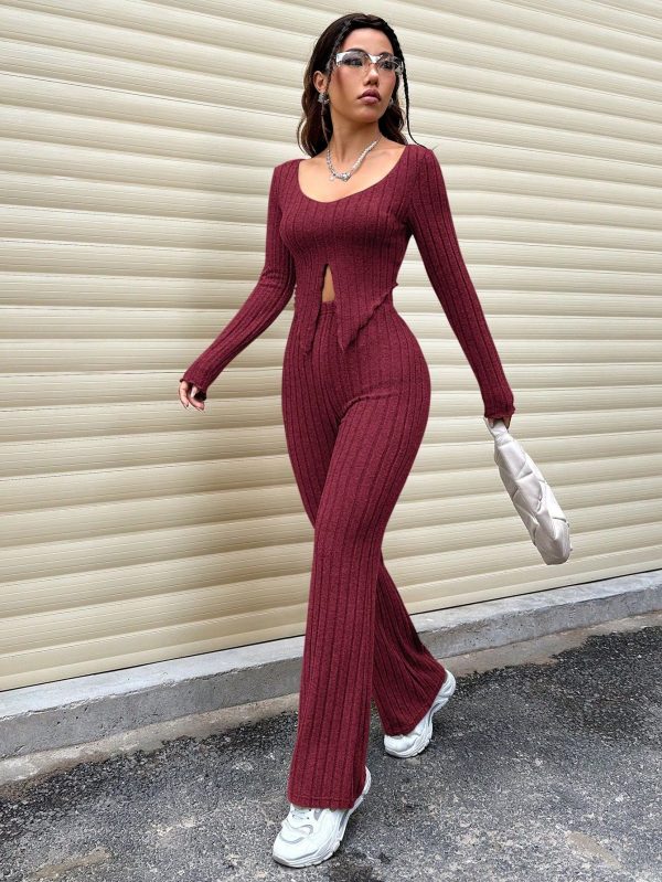 2pcs Casual Solid Color Long Sleeve Top And Long Pants Set, Spring/Fall