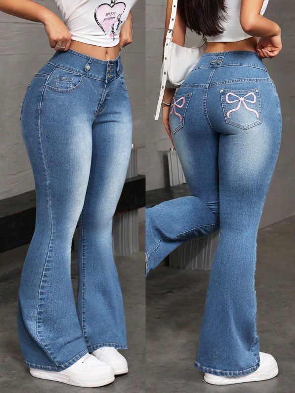 Women Front Button Multi-Pockets Bow-Knot Embroidered Casual Denim Jeans