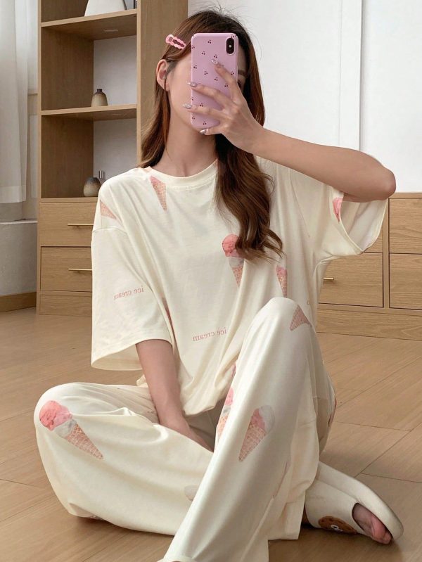 Women Ice Cream Allover Print Summer Loose Fit Tee & Pants Pajama Set