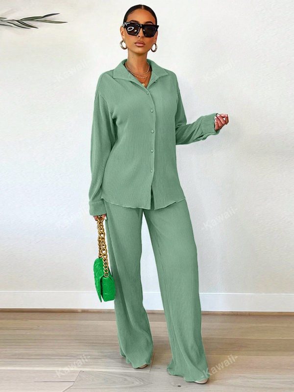 2pcs/Set Fashionable Pleated Shirt And Comfortable Wide Leg Pants Women's Casual Outfit - Green / L