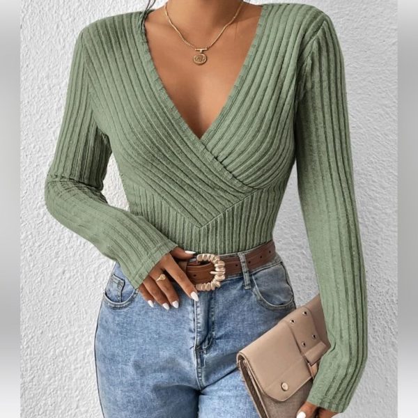 Shein Tops | Frenchy Surplice Neck Ribbed Knit Tee | Color: Green | Size: M