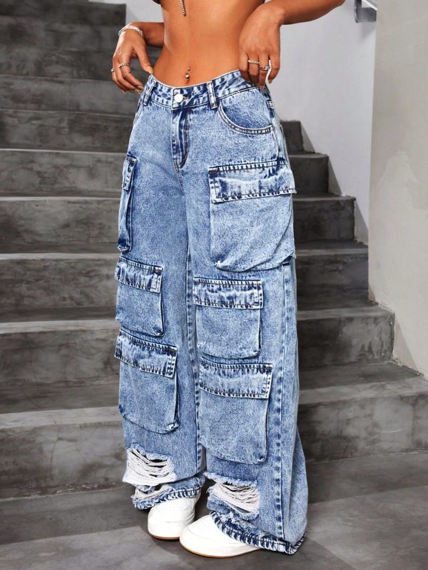 Women's Multi-Pocket Distressed Cargo Jeans