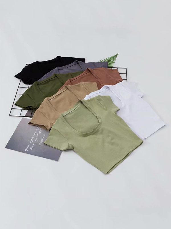 U-Neck Crop Top Solid Color Women Casual High Waist T Shirt Basic Sexy Streetwear Short Sleeve