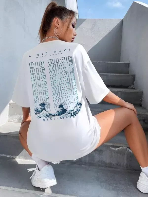 Drop Shoulder T-Shirt mit Welle & Buchstaben Grafik